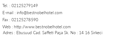 Best Nobel Hotel telefon numaralar, faks, e-mail, posta adresi ve iletiim bilgileri